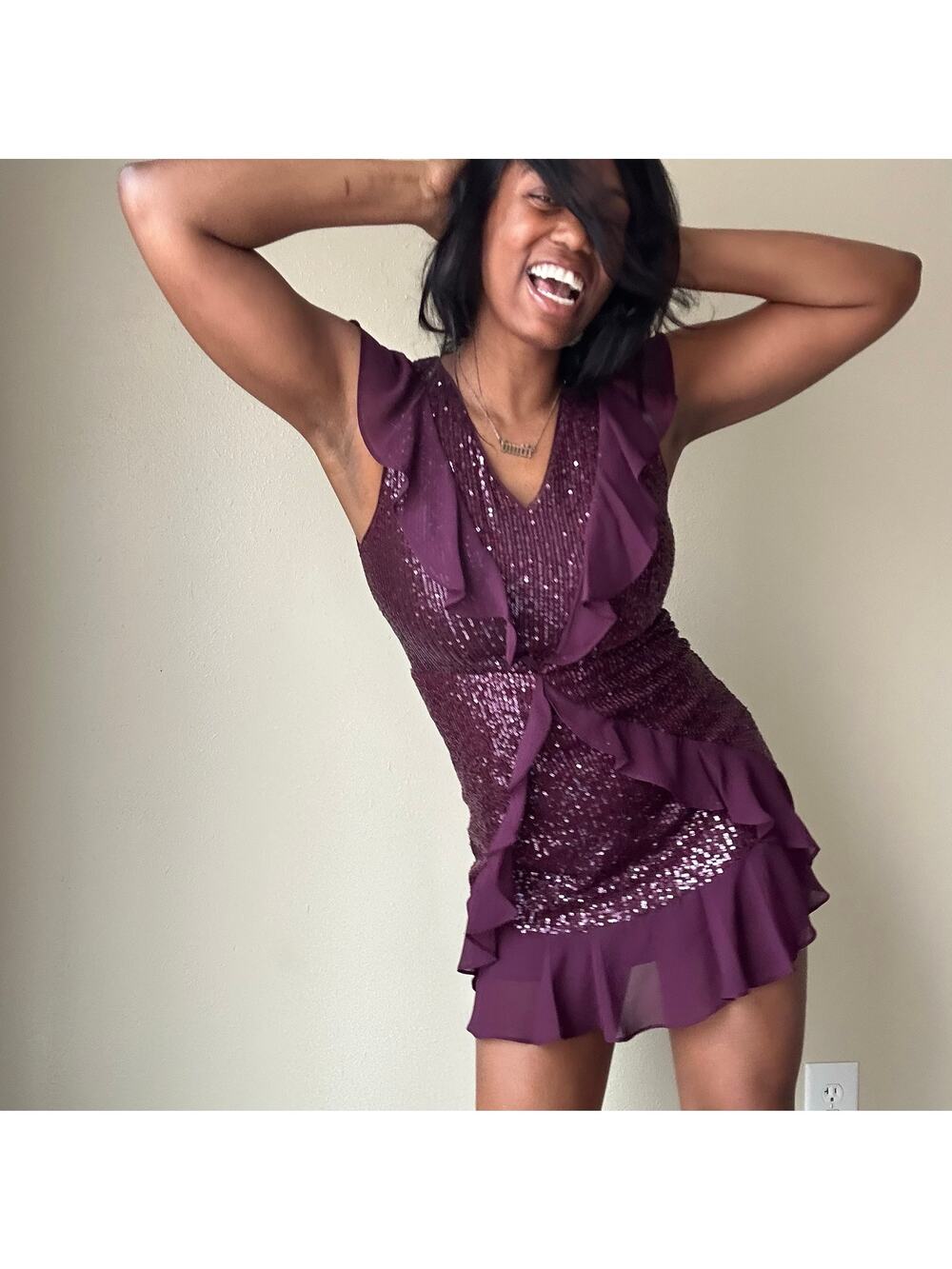 BCBGMaxAzria Purple Sequin Ruffle Mini Dress Size Small